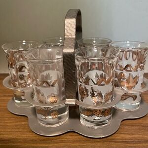 Mid Century Modern Silver and Gold Shot Glass Set with Metal Carrier